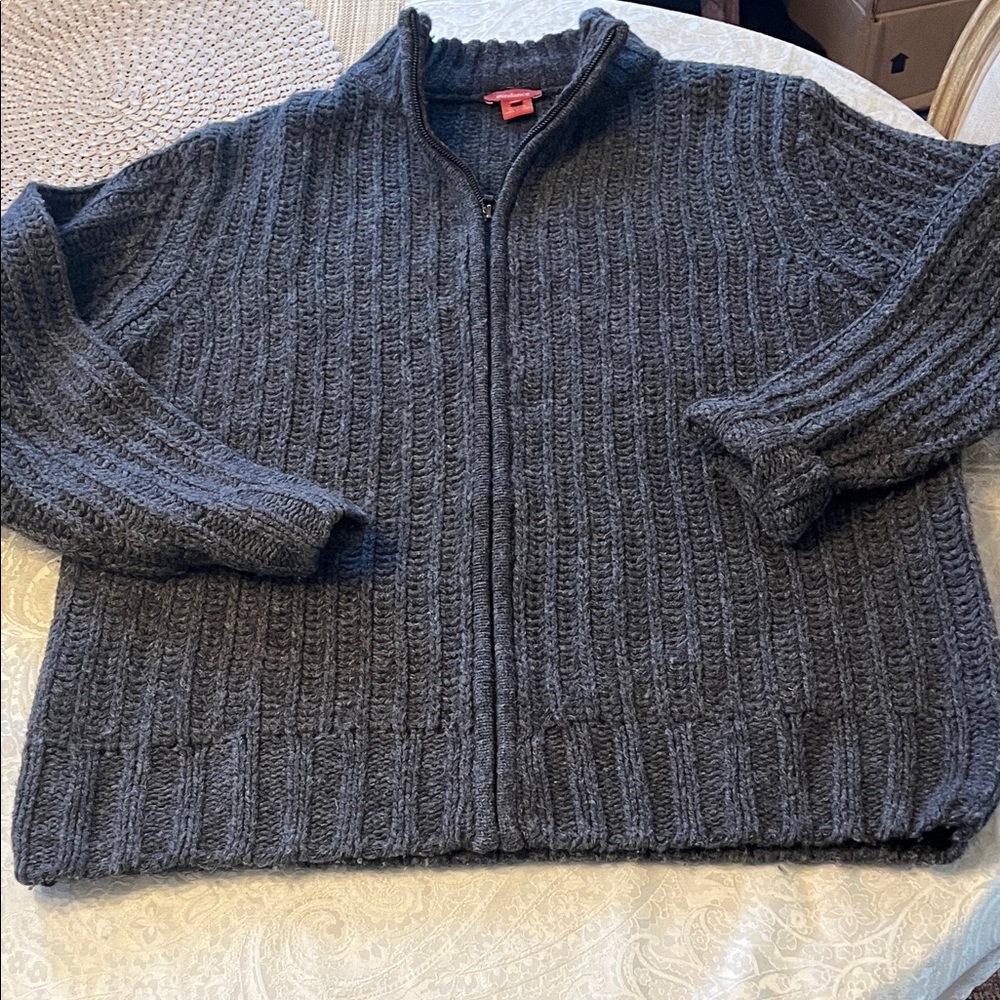 Sundance Dark Gray Ribbed Full-Zip Sweater 100% wool Men’s Cardigan Sweater